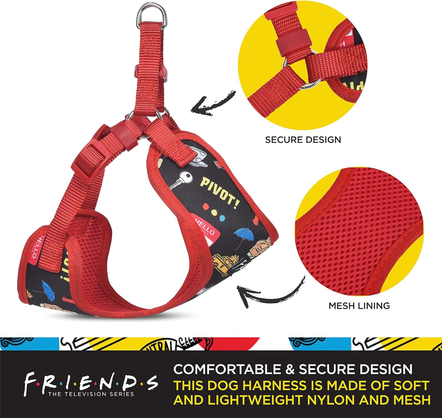 Iconic Graphics Dog Harness for Small Dogs, Small (S) | Black Small Dog Harness, No Pull Dog Harness with D-Ring | Machine Washable Friends Merch for Dogs from Friends TV Show