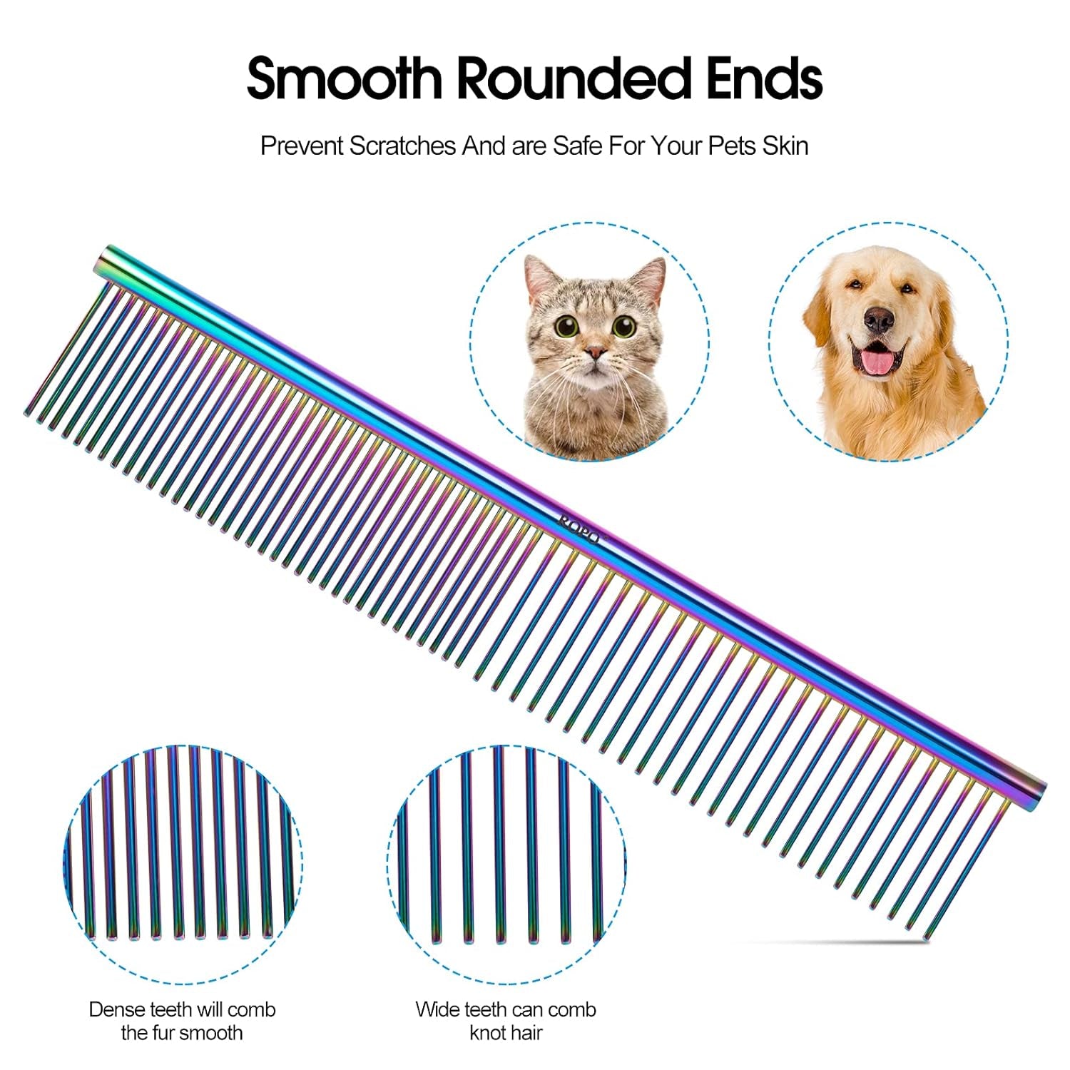 Dog Comb for Removing Matted Fur - Pet Dematting Comb with Rounded Teeth and Non-Slip Grip Handle - Prevents Knots and Mats for Long and Short Haired Pets (Round Handle, Colour)